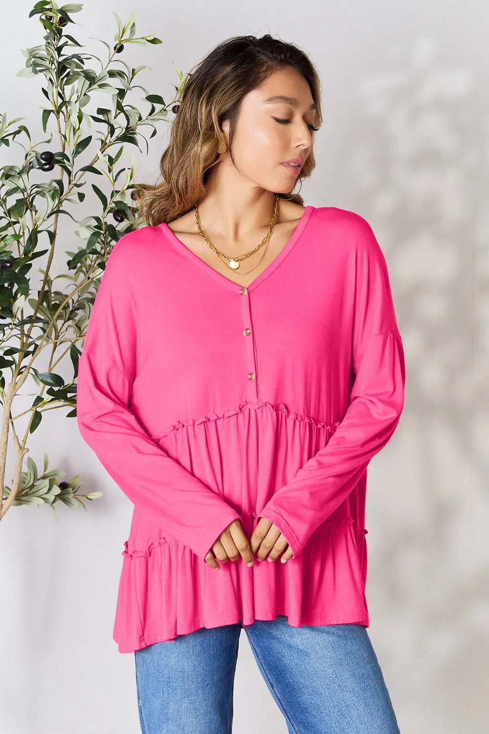 Double Take Half Button Long Sleeve Ruffle Hem Blouse bd222ea98b4845fd990b98be7a44f926-Max