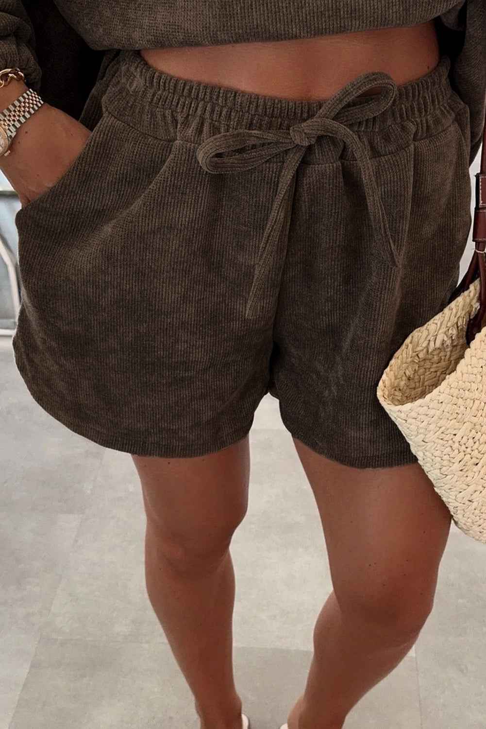 Fushia Textured Knit Drop Shoulder Pullover Drawstring Shorts Set bd23ddc3b8f8b0dd