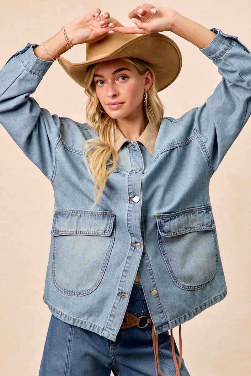 BiBi Washed Denim Jacket with Contrast Collar Detail bd2eb2f7a36547808c6c6be75fae2f16-Max