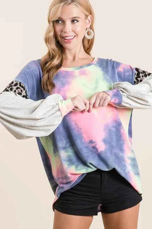 Tie Dye Terry Top with Contrast Puff Sleeves bd2f2b29d1804758b8e14f9cda86b7a4-Max-Origin