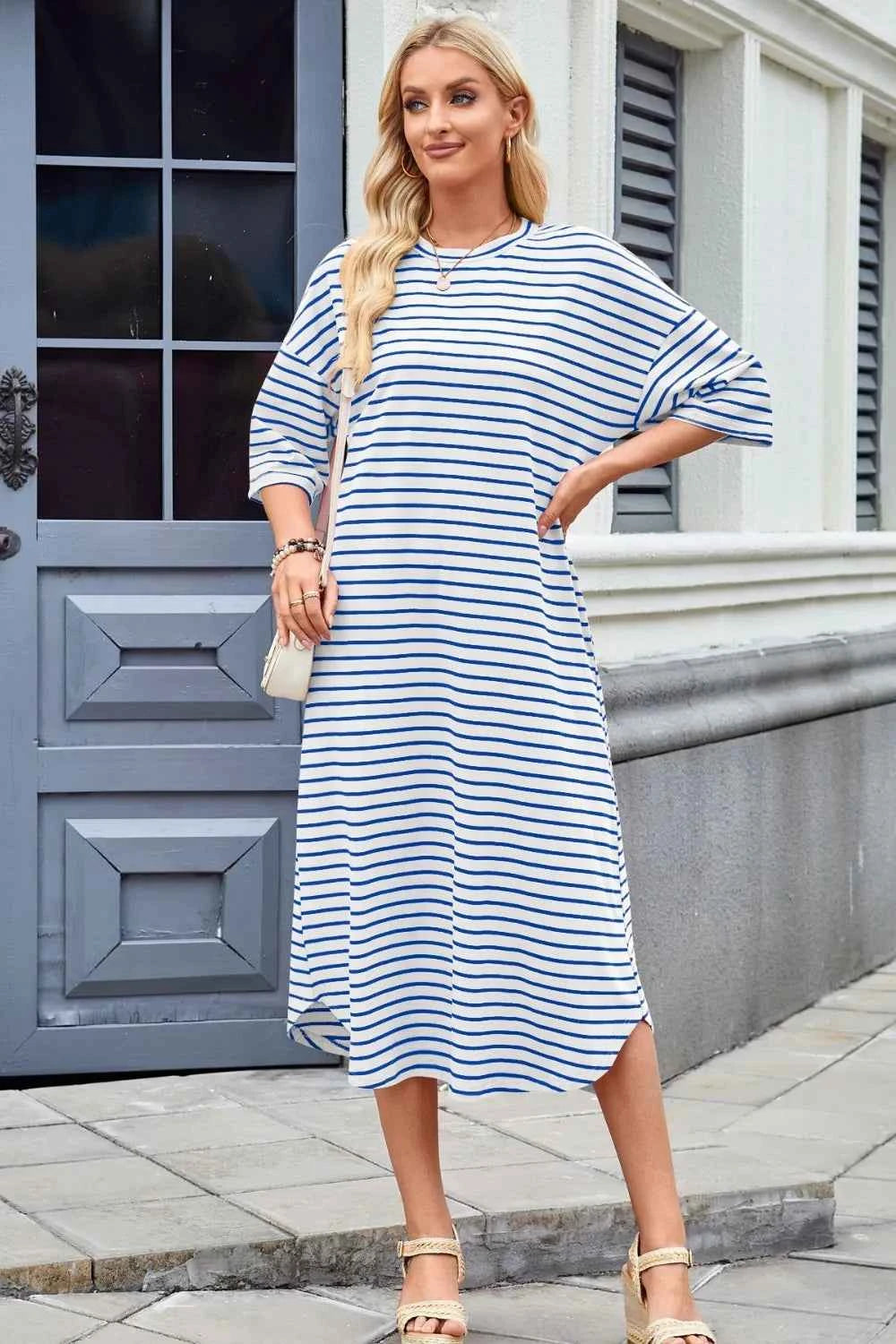 Lovelet Contrast Striped Half Sleeve Midi Tee Dress bd30e5b4-a4be-471f-a6da-f1c60a21aad5-Max
