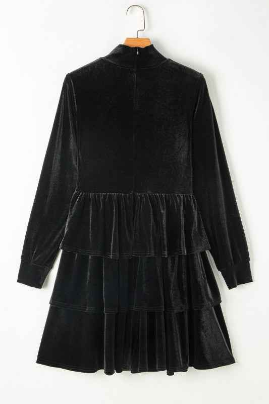 Velvet High Neck Tiered Ruffle Mini Dress bd31a5d9-1710-4b3d-bd9f-048acaae1294