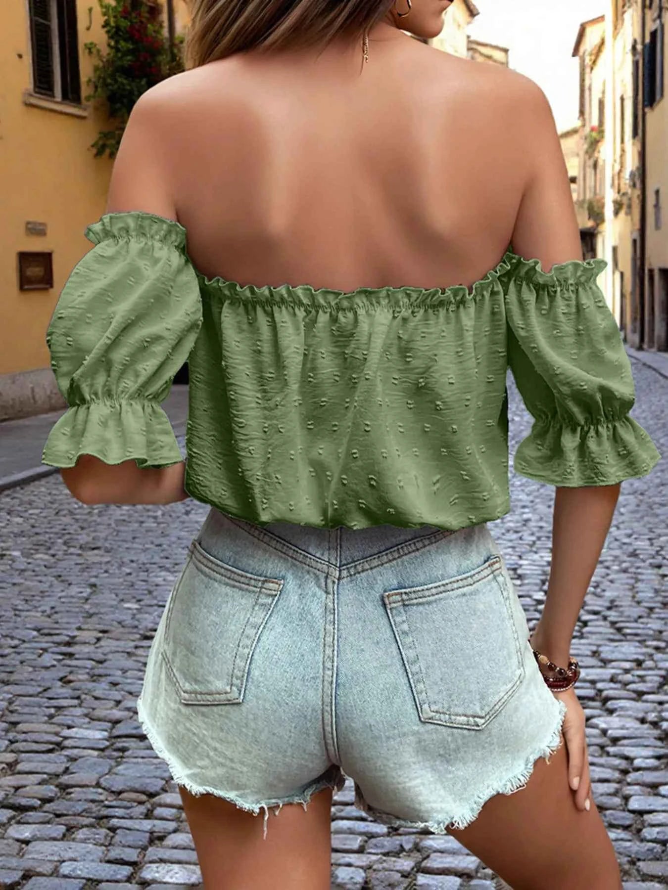 Off-Shoulder Swiss Dot Blouse with Tie Front Detail bd4191dbb6b842e48927762602e77d36-Max-Origin