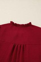 Burgundy Notched Neck Shirred Cuffs Long Sleeve Blouse bd420175fe43c66e