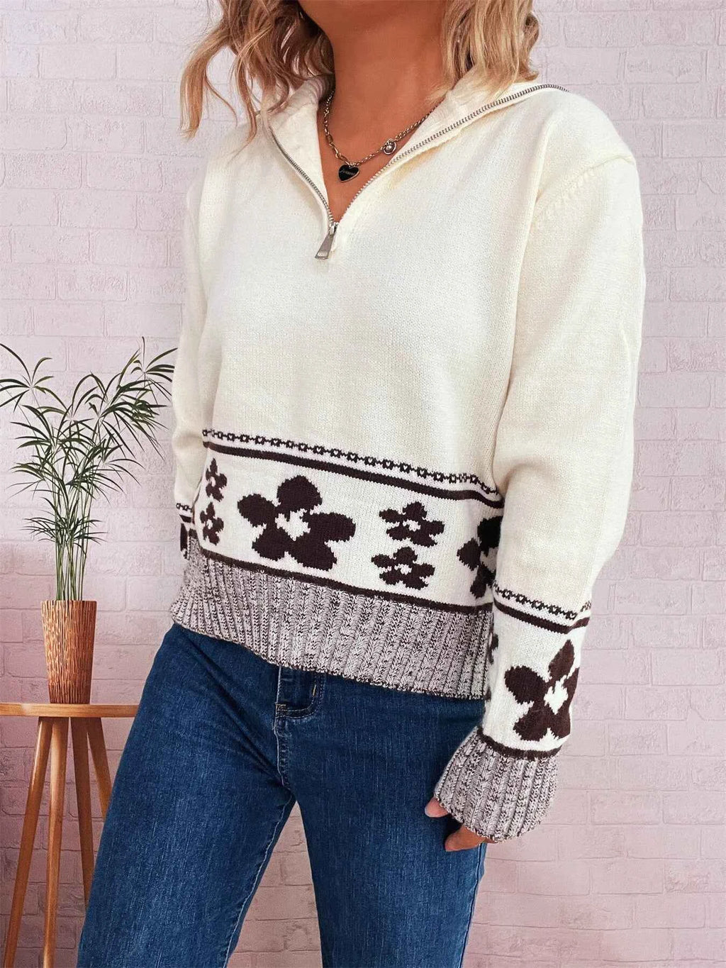 Flower Zip Collar Long Sleeve Sweater bd43acecfd104bfebcbd69ebd792b4ec-Max-Origin