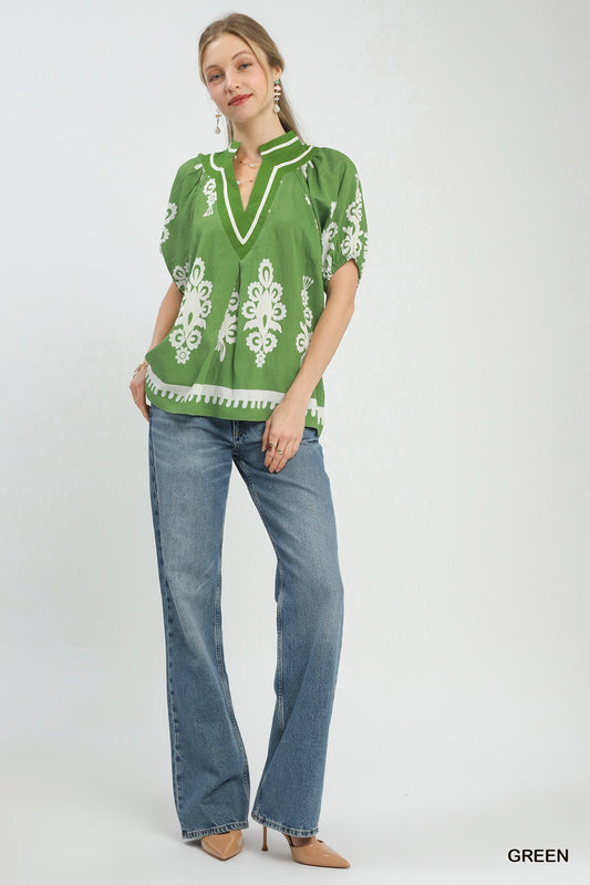 Boho Print Split-Neck Short Sleeve Top bd43f97b-7240-44cd-a252-eec0b8846096-Max