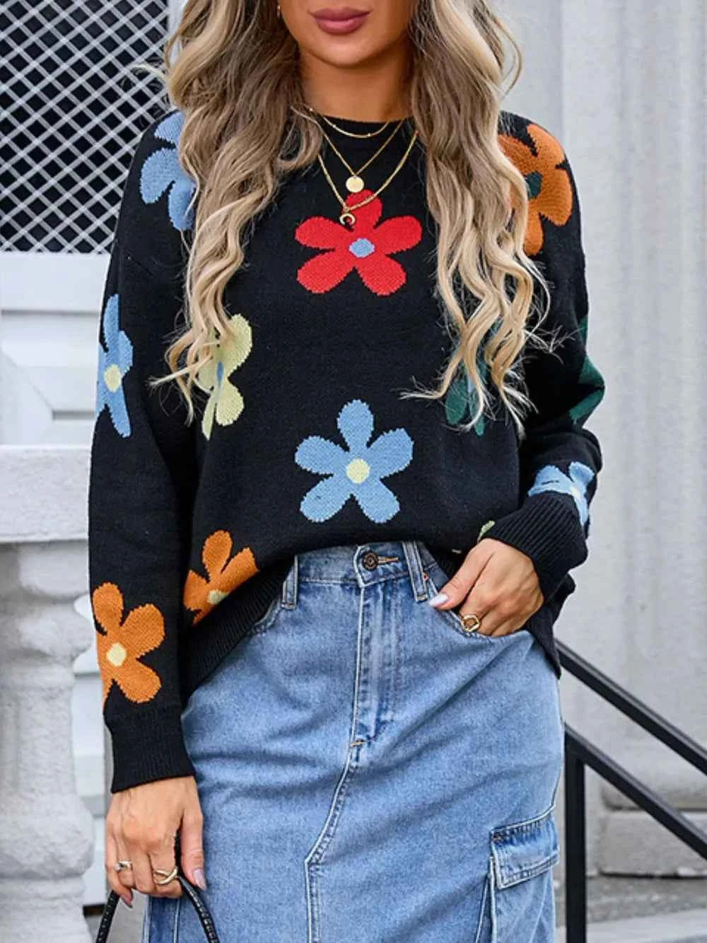 Angel Wings Flower Round Neck Long Sleeve Sweater bd46be7d-34d7-4390-8c8e-d0723b49c878-Max