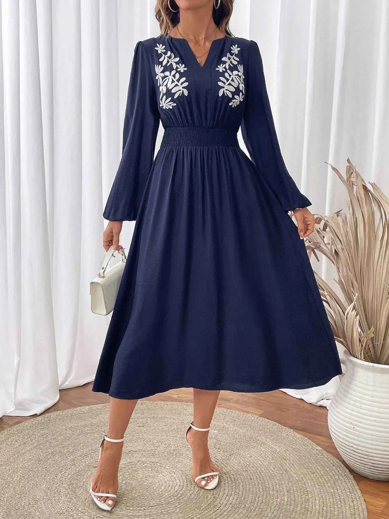 Embroidered Notched Long Sleeve Midi Dress bd489e0f4ffe477abce37ef0a5346104-Max-Origin