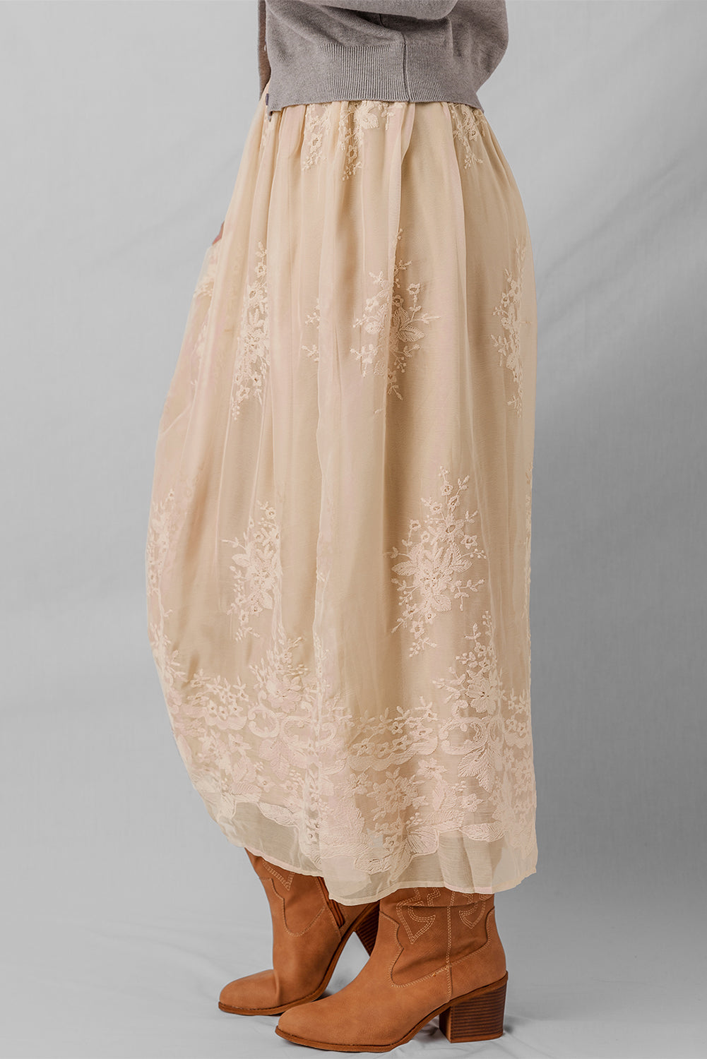 Oatmeal Embroidered Mesh Overlay Flowy Long Skirt bd4958c9edc67c57