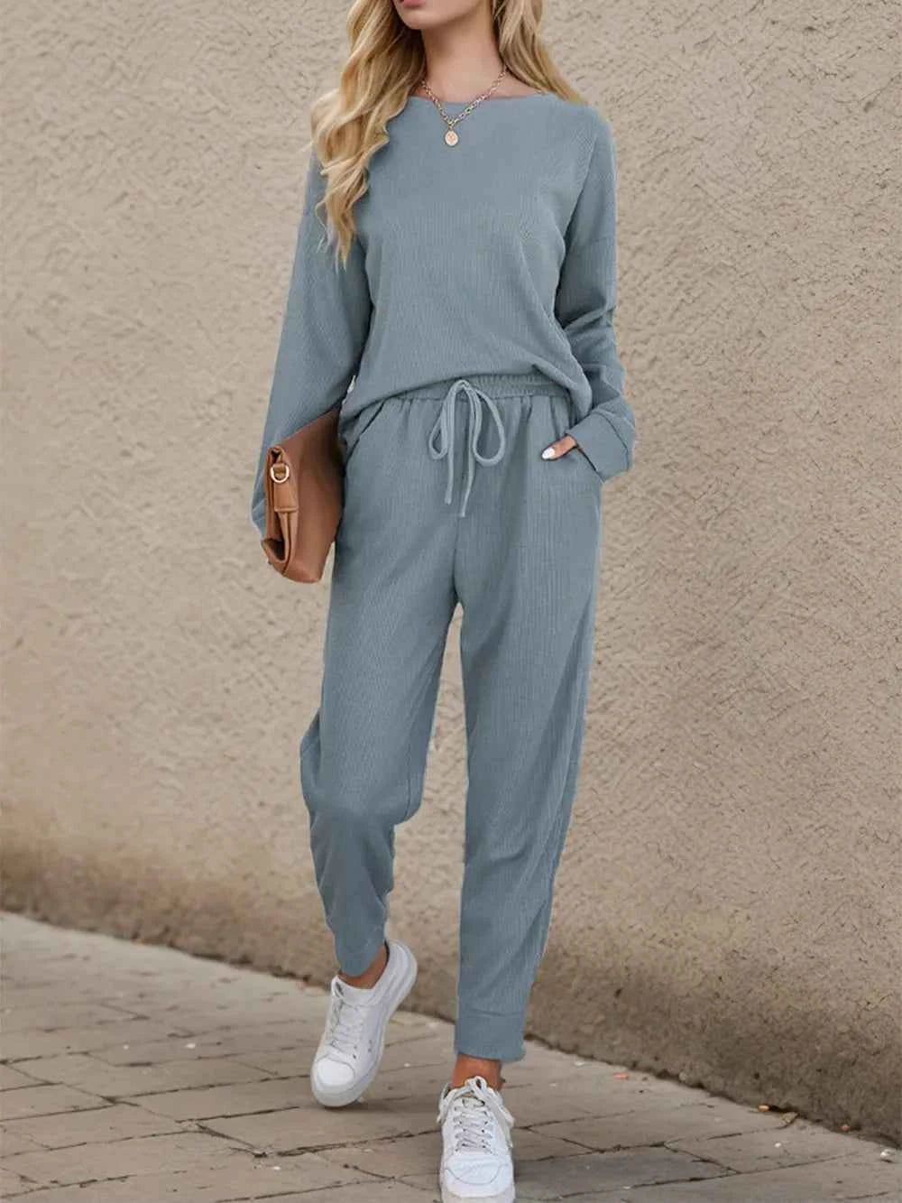 Shiny Round Neck Top and Drawstring Pants Set bd4ee858f21c40188d2eaf6b3457a27f-Max