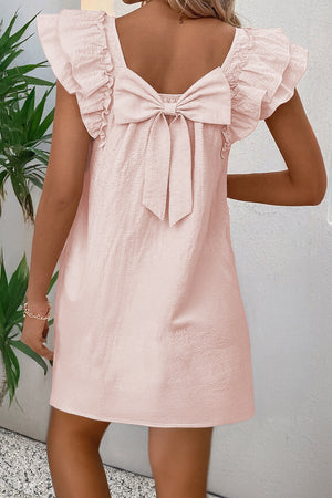 Textured Flutter Sleeve Square Neck Mini Dress with Bow Back Light Pink bd4f1915a0e190be