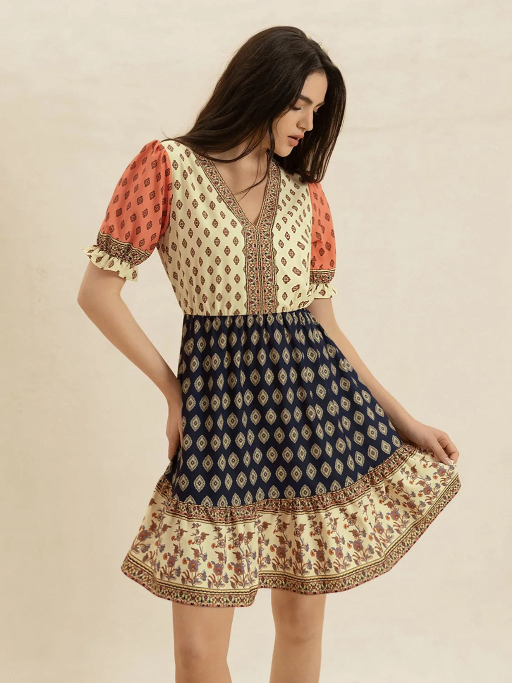 Printed V-Neck Short Sleeve Dress Tan bd503adb-fbce-4480-843a-3be9850c5ce4-Max-Origin