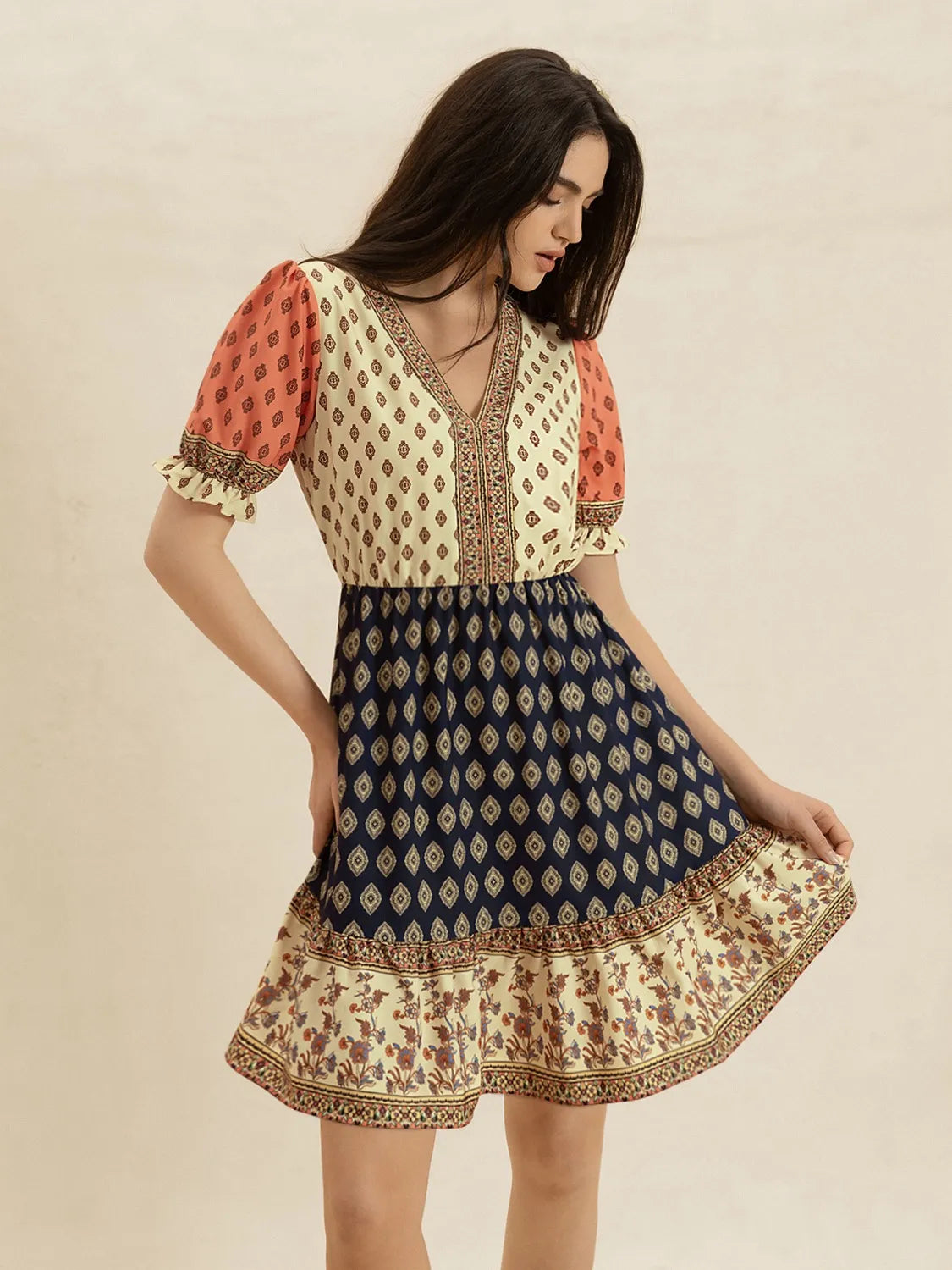 Printed V-Neck Short Sleeve Dress Tan bd503adb-fbce-4480-843a-3be9850c5ce4-Max-Origin