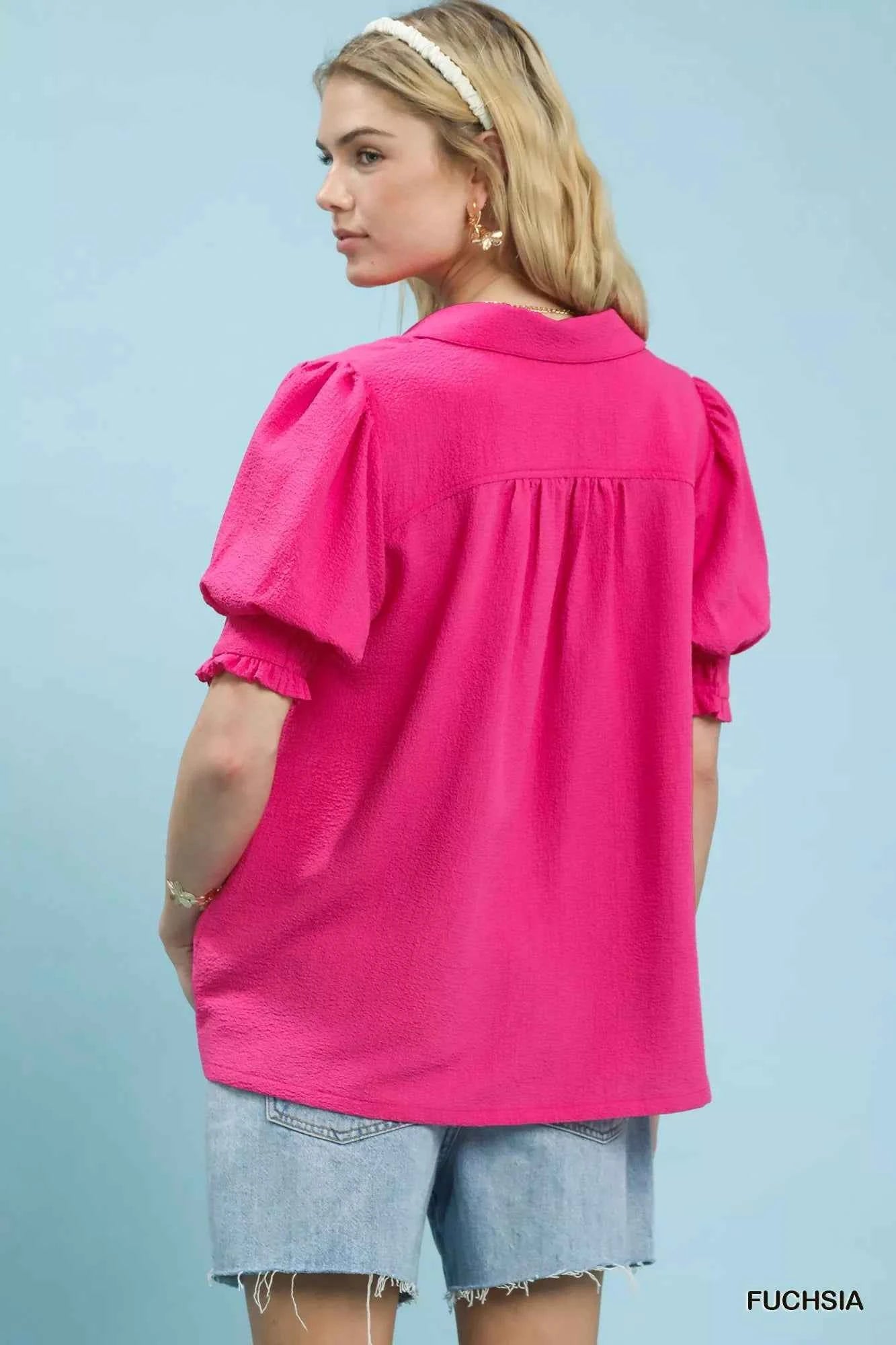 Umgee Seersucker Puff Sleeve Blouse bd514641-673a-47d2-aecc-4ed9ebc86ee7-Max-Origin
