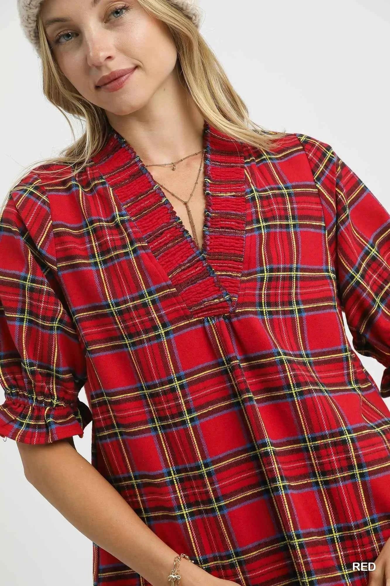 Umgee Plaid Smocked V-Neck Flannel Top bd5baee7-3d99-4422-8e28-c9be43f4ce1f-Max-Origin