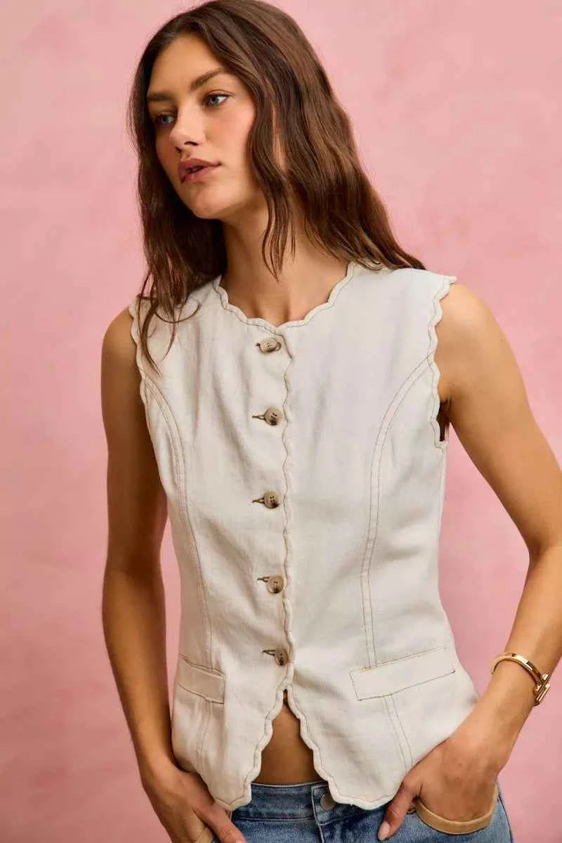 SO ME Scalloped Edge Cotton Twill Washed Vest Top bd5f52f4774a47d5b6608ba0afabde7d-Max-Origin