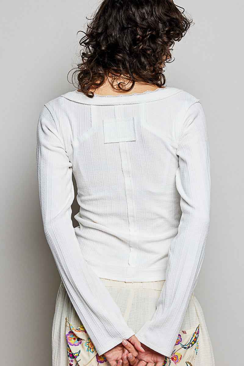 POL V-Neck Long Sleeve Ribbed Top with Lace-Accent Neckband bd616f84-7aa4-4ae4-aa0e-3e75d7439177-Max