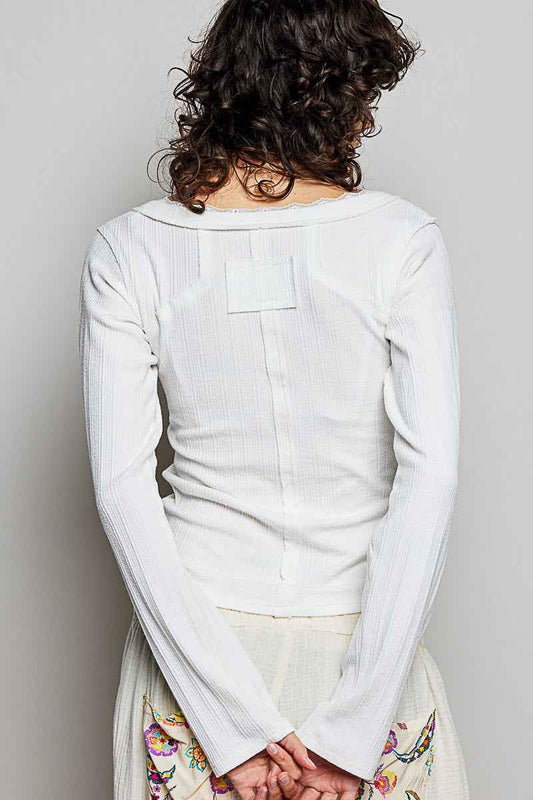 V-Neck Long Sleeve Ribbed Top with Lace-Accent Neckband bd616f84-7aa4-4ae4-aa0e-3e75d7439177-Max
