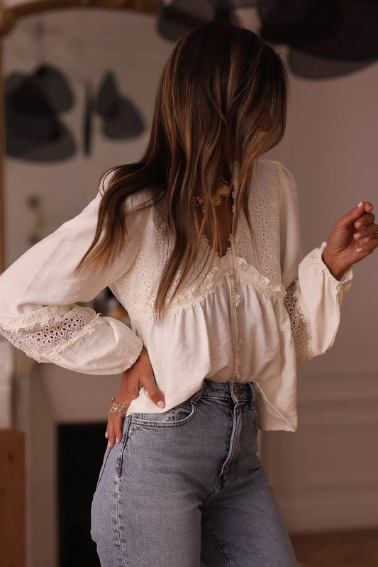White Solid Color Floral Guipure Lace Patchwork Frilled Long Sleeve Blouse bd628df7f6a8f63d