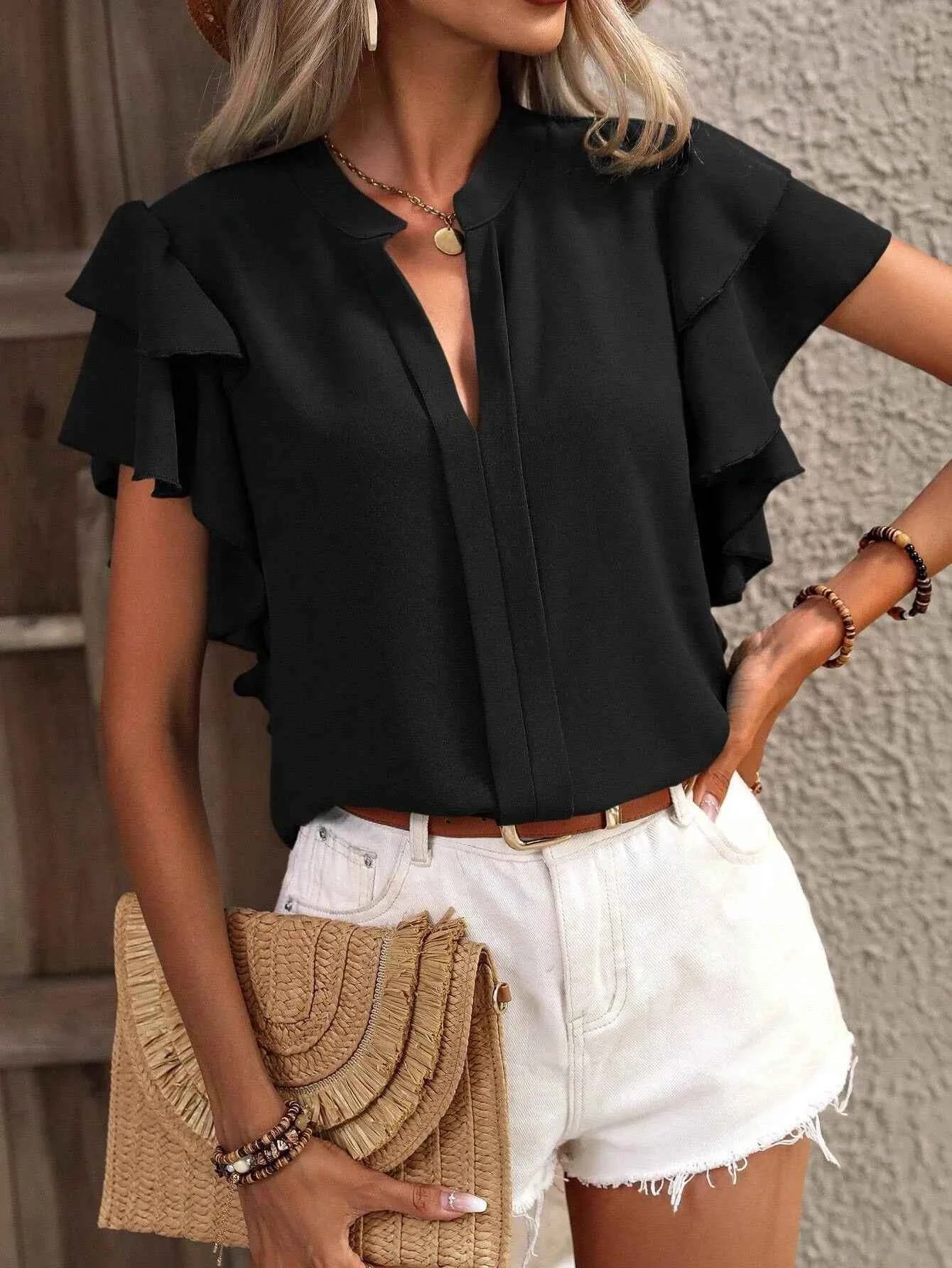 Ruffle Sleeve Notched Blouse bd68b193-5e6d-4d12-844e-fe179b563029-Max-Origin