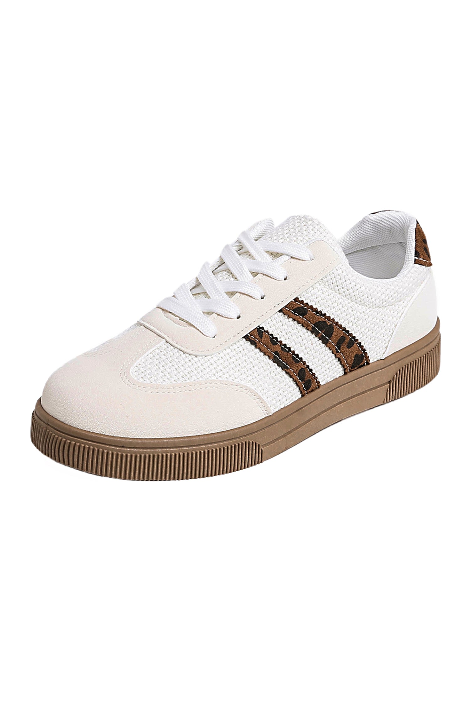 White Textured Woven PU Leather Leopard Patchwork Flat Sneakers bd6cab78f4582659