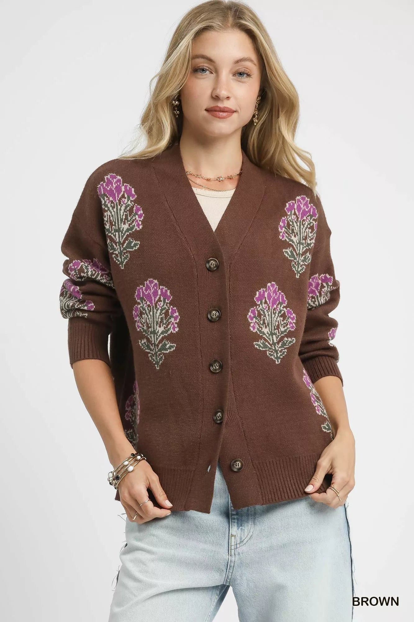 Umgee Single Flower Stem Jacquard Cardigan Sweater BROWN bd6d2bd4-d6b1-4005-ae47-86bea1d4cbb0-Max-Origin