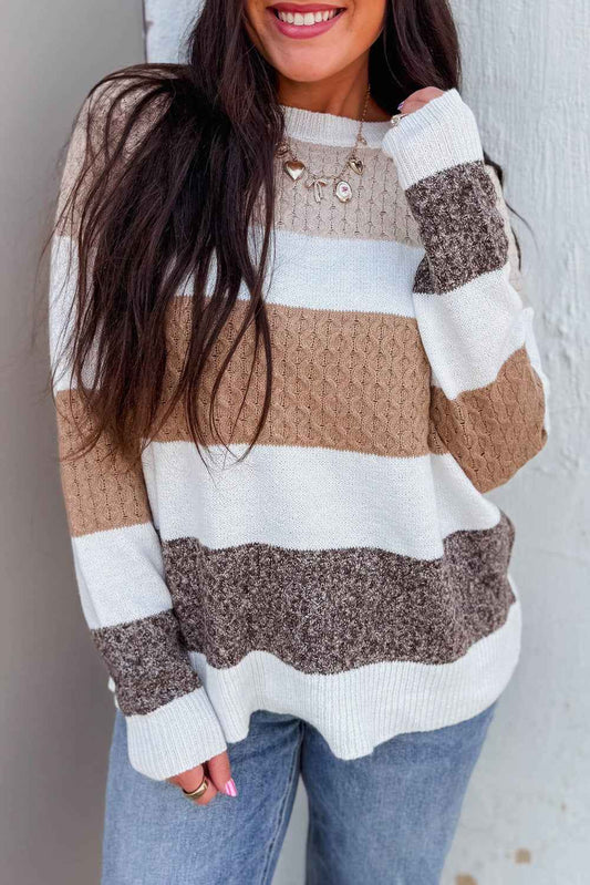 Brown Mixed Texture Knit Striped Colorblock Loose Sweater Brown 60%Cotton+40%Acrylic bd72087af18d60f2