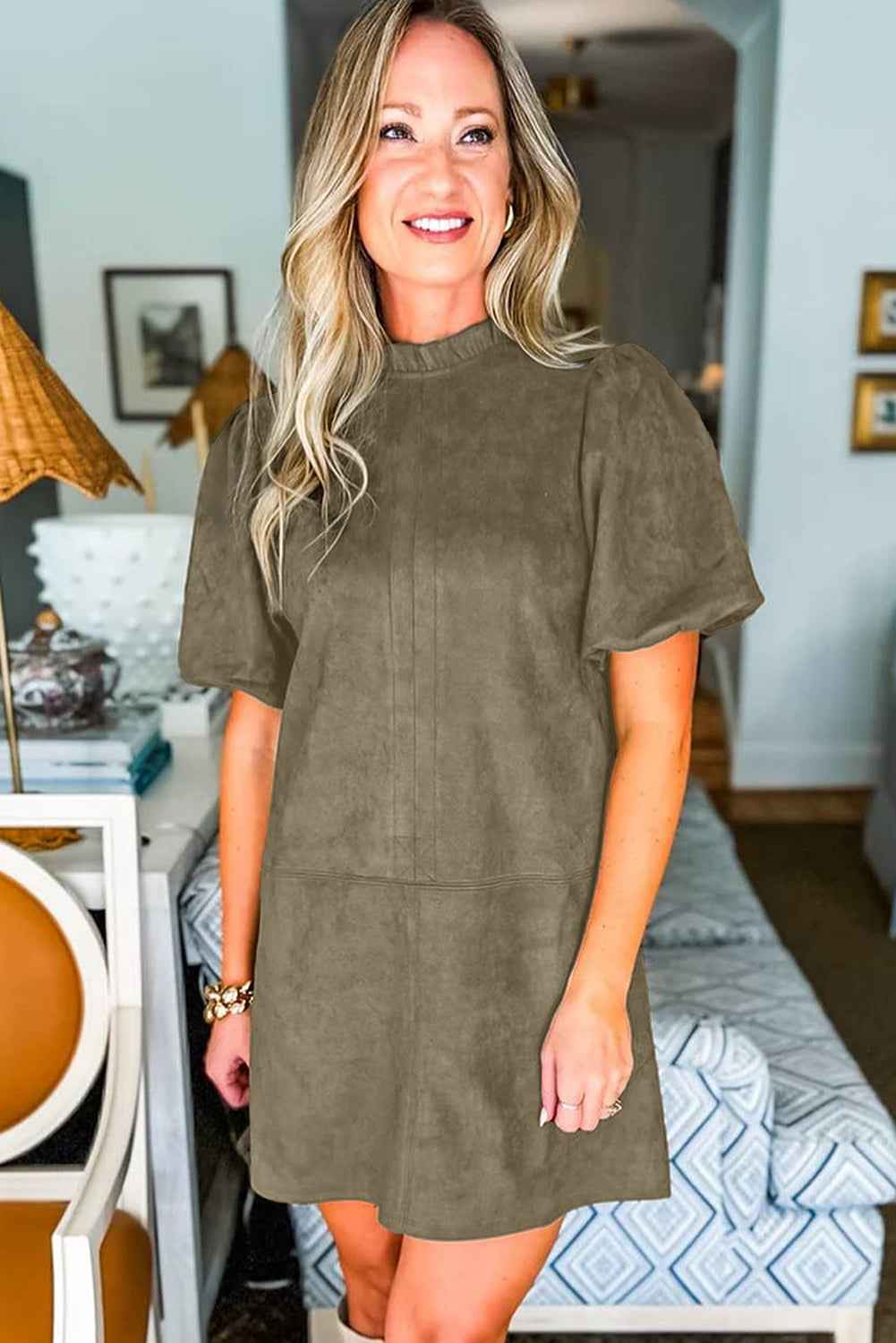 Moss Green Frill Neck Puff Sleeve Mini Dress bd7933805755afbc