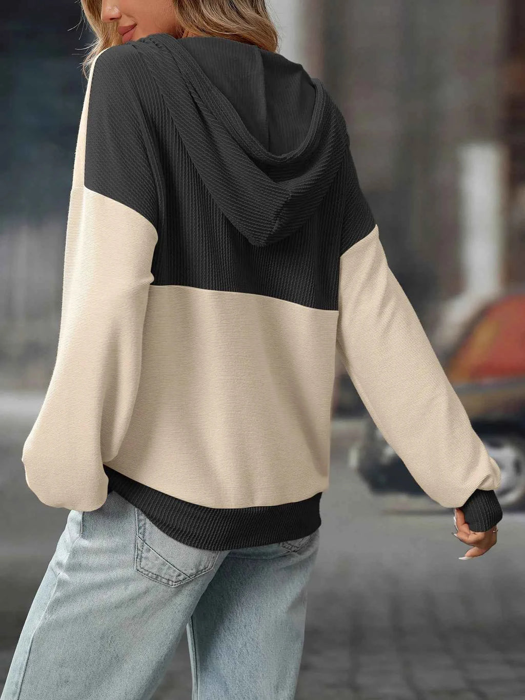 Drawstring Button Detail Long Sleeve Hoodie bd7b57fdfa434c2ca5439e811eab9328-Max-Origin