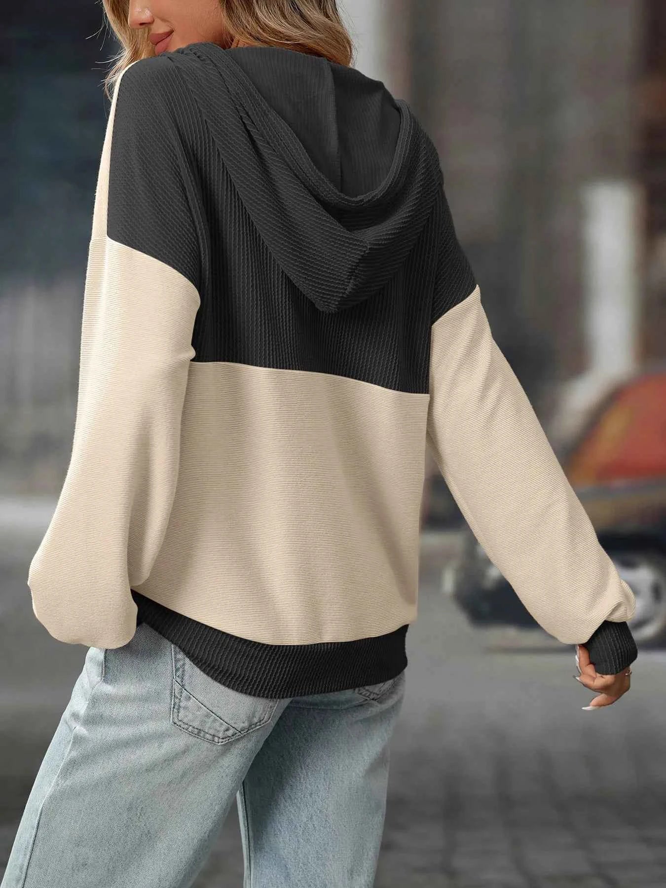 Drawstring Button Detail Long Sleeve Hoodie bd7b57fdfa434c2ca5439e811eab9328-Max-Origin