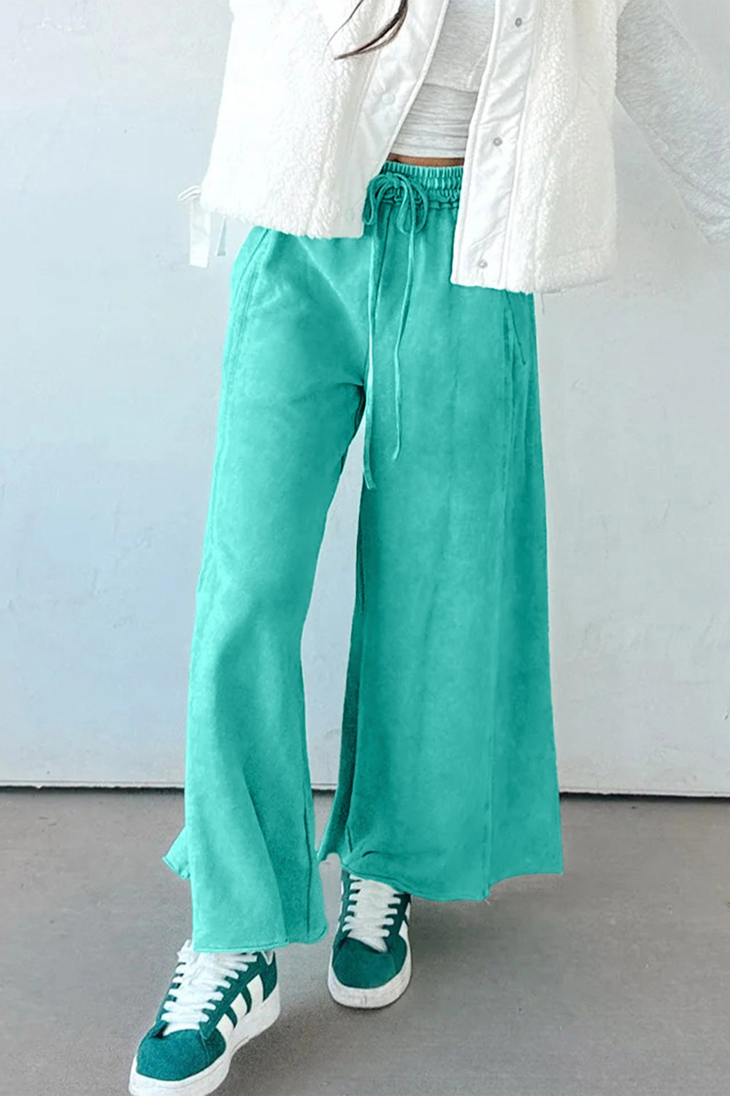 Sea Green Mineral Wash Drawstring Elastic Waist Raw Hem Loose Pants bd7c439322ba63da