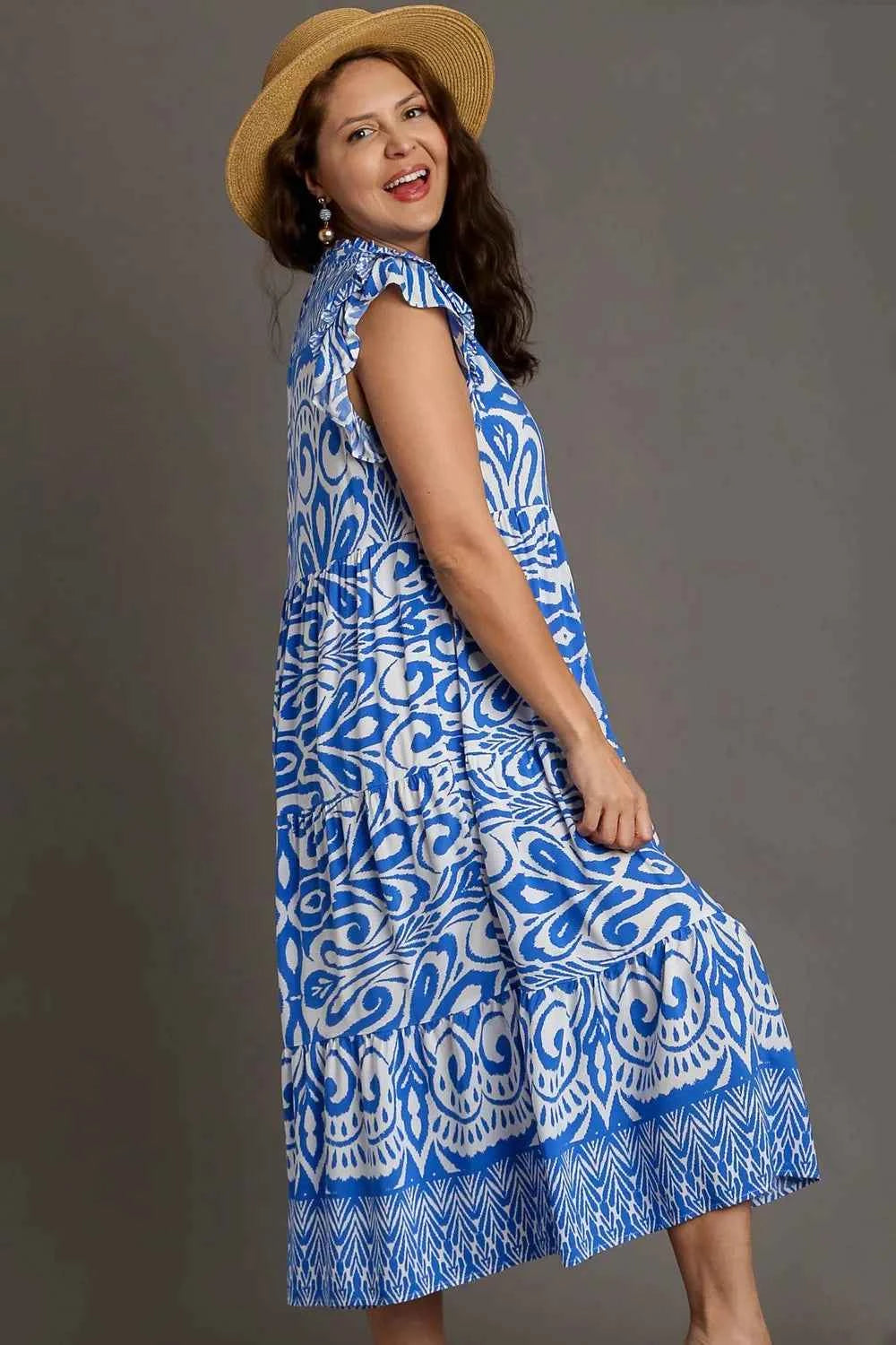 Umgee Full Size Two Tone Border Print Ruffle Cap Sleeve Midi Dress Plus Size bd80734e-53d3-42da-9fe4-f94d4fb857df-Max