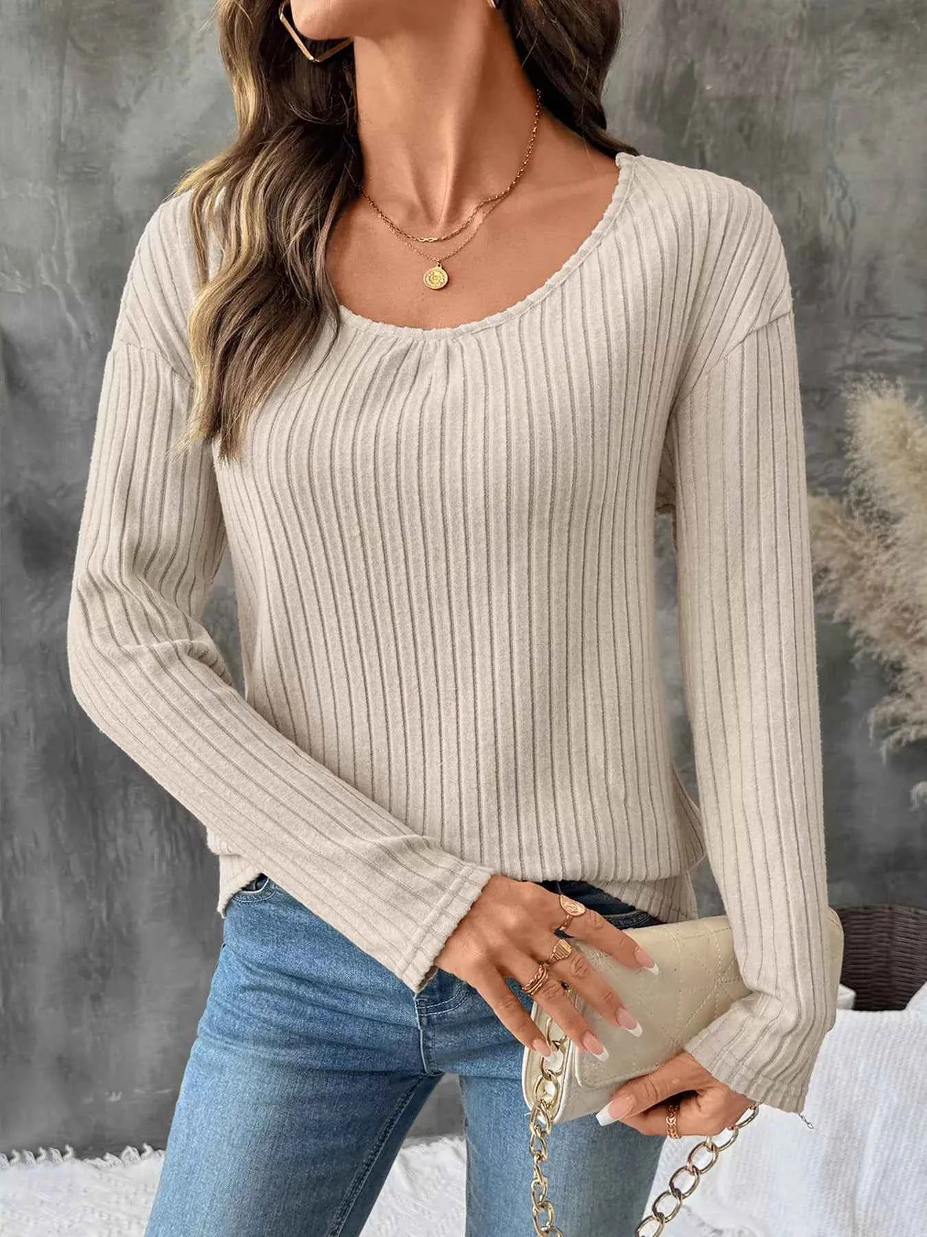 Lace Detail Ribbed Knit Long Sleeve T-Shirt