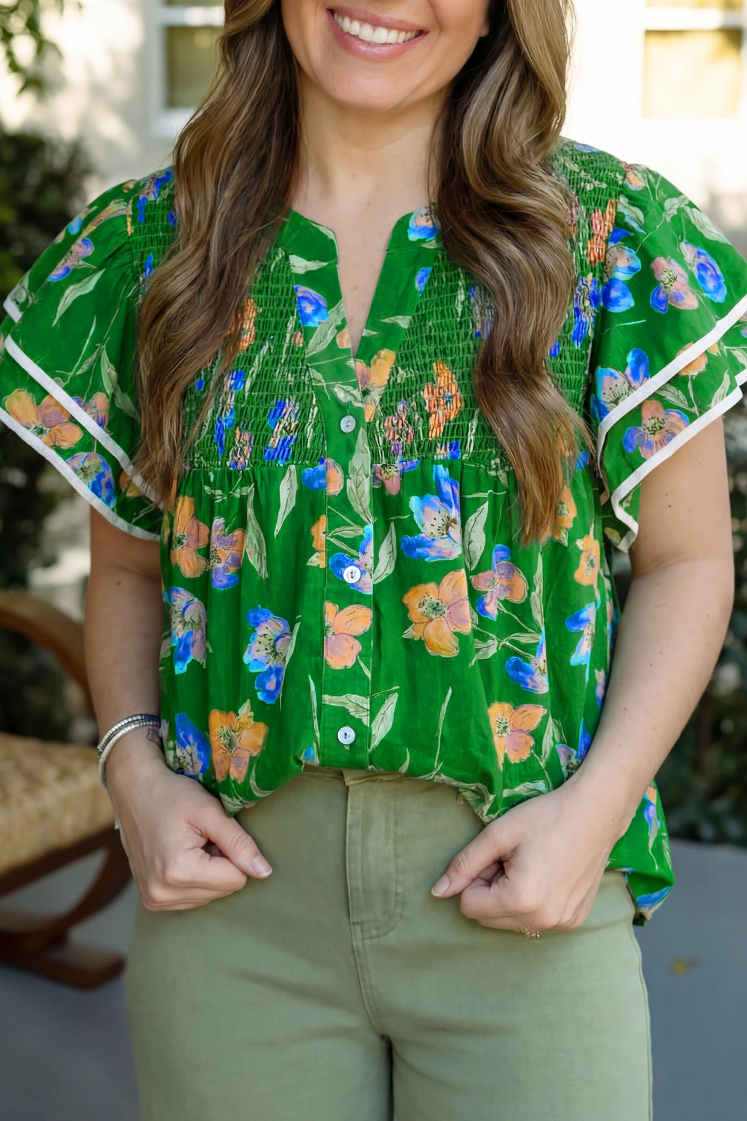 Green Plus Size Ruffled Short Sleeve Floral Top Green 100%Cotton bd82b2c9d876d315