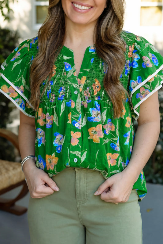 Green Plus Size Ruffled Short Sleeve Floral Top Green 100%Cotton bd82b2c9d876d315