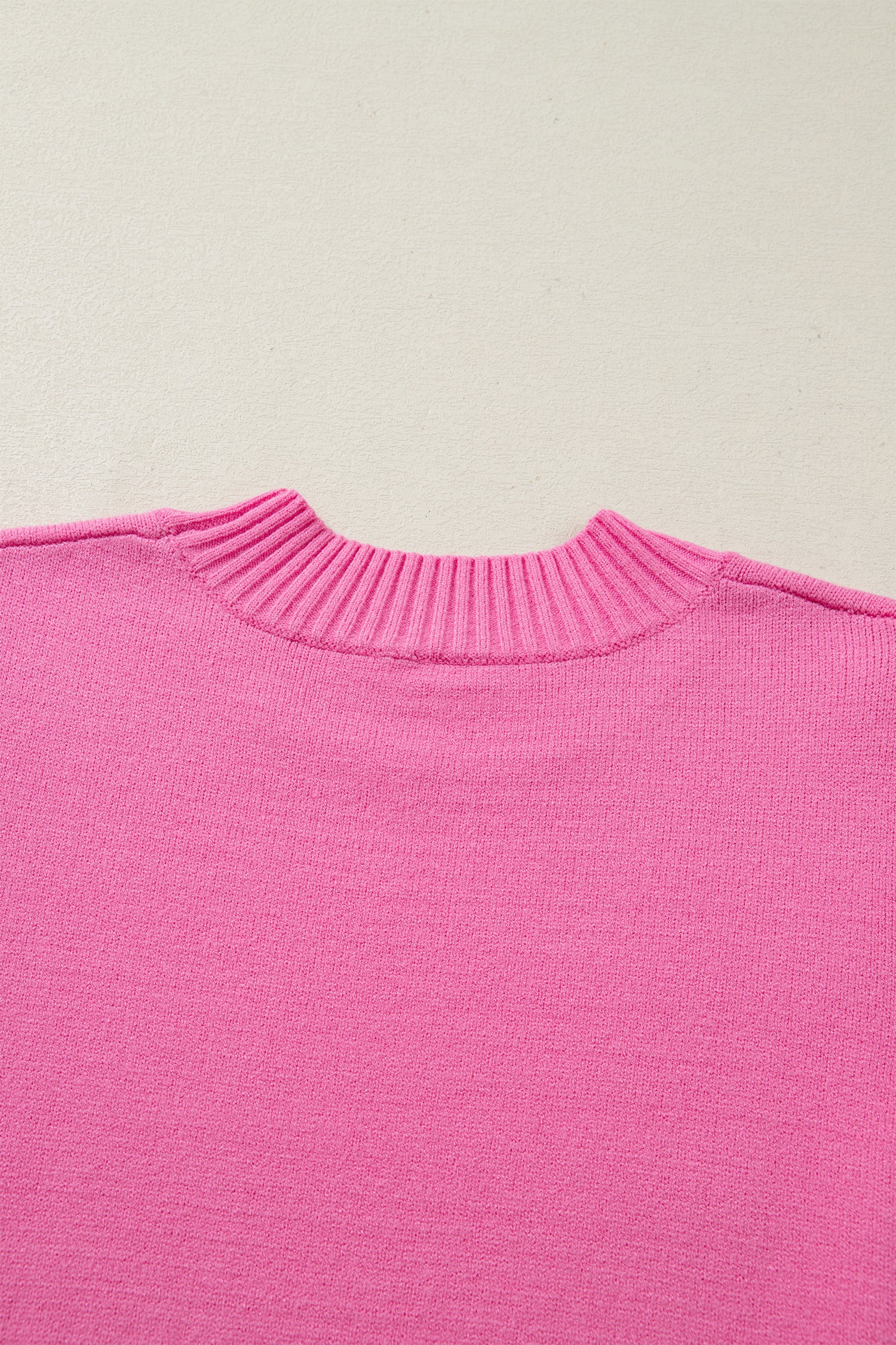 Sachet Pink Solid Color Ribbed Trim Round Neck Ruffle Short Sleeve Sweater bd83b731cdf69605
