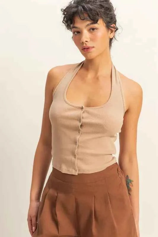 HYFVE Halter Neck Buttoned Washed Top DARK TAUPE bd8e0147ea3041b79cae49e5deb3594b-Max-Origin