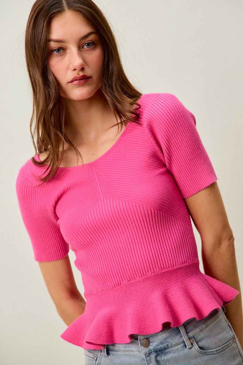 SO ME Ribbed Knit Short Sleeves Peplum Sweater Top bd90900bd9f44b77b71bfcd164856e16-Max