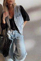 Frayed Edge Flap Pockets Denim Vest Jacket bd97465a-e8e5-43ec-b223-afdd53f226b7-Max-Origin