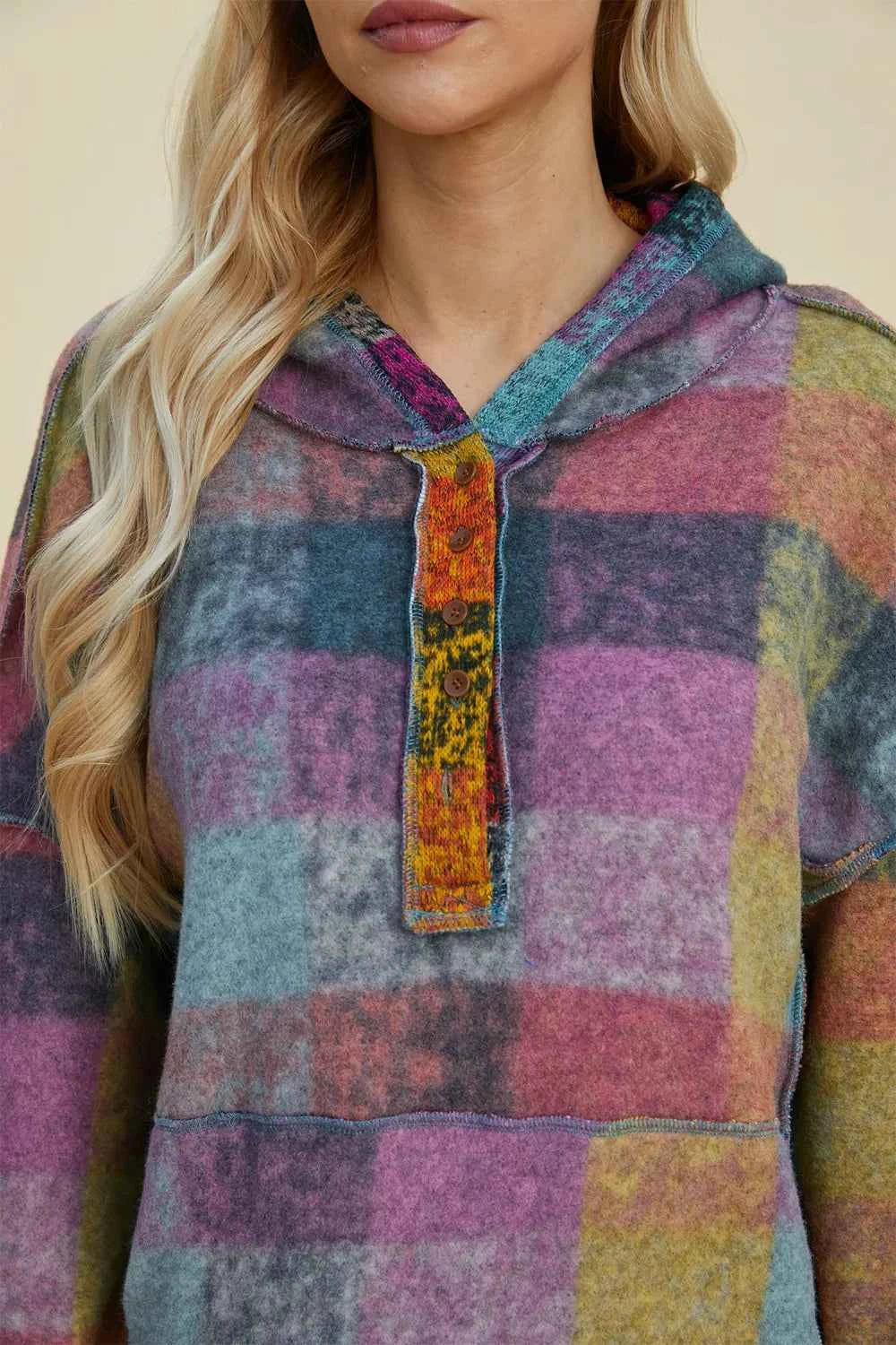 Double Take Full Size Plaid Dropped Shoulder Fleece Hoodie bd994b71-cefe-4a62-adb7-bb46b52986fc-Max