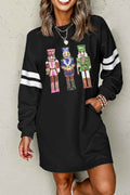 Black Christmas Nutcracker Sequins Patch Varsity Striped Sleeve Sweatshirt Dress Black 65%Polyester+35%Cotton bd9aa0f5685be2b4