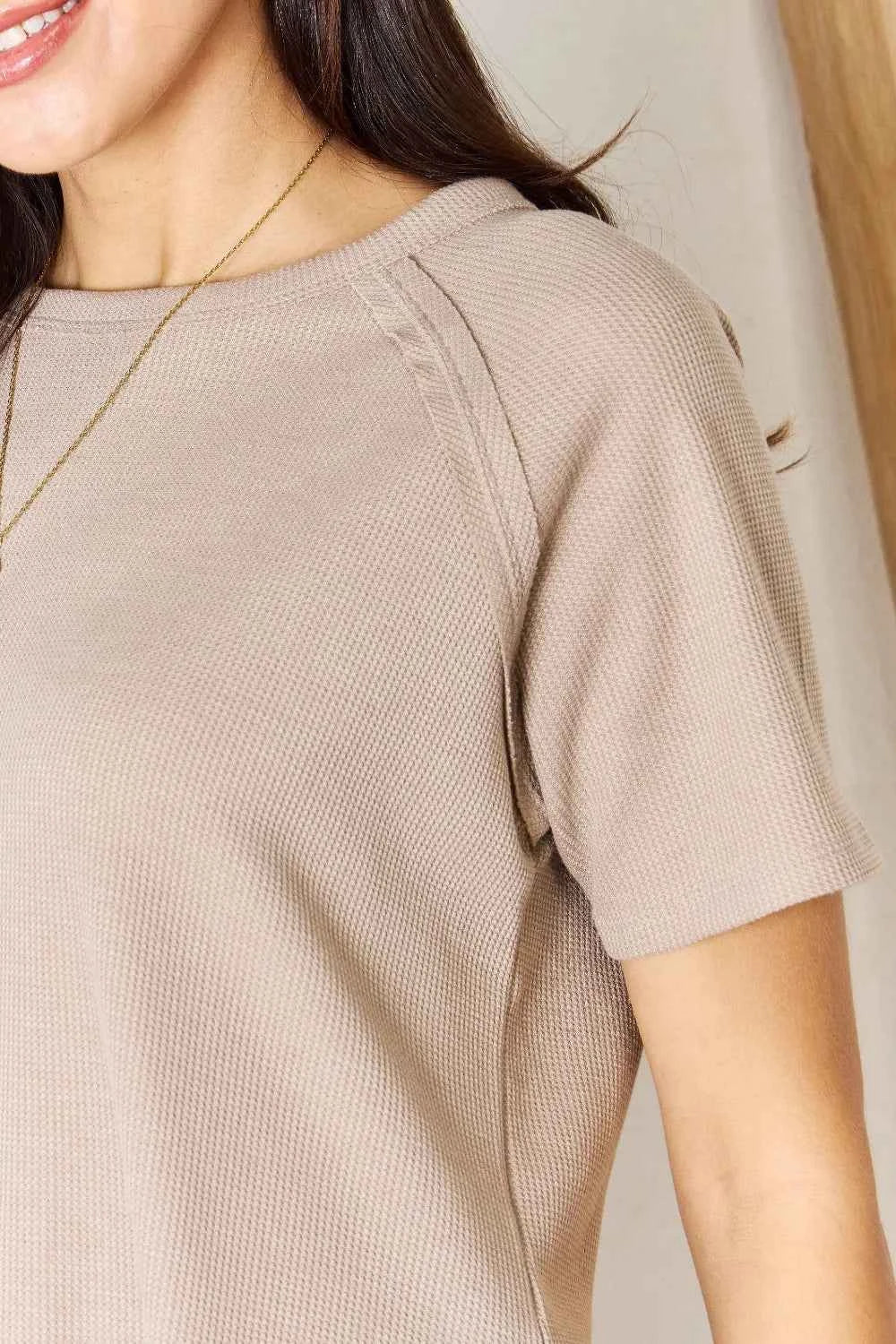 Zenana Baby Waffle Short Sleeve Slit High-Low T-Shirt bda054f7-a515-4337-bc1f-a786d5a51dd3-Max