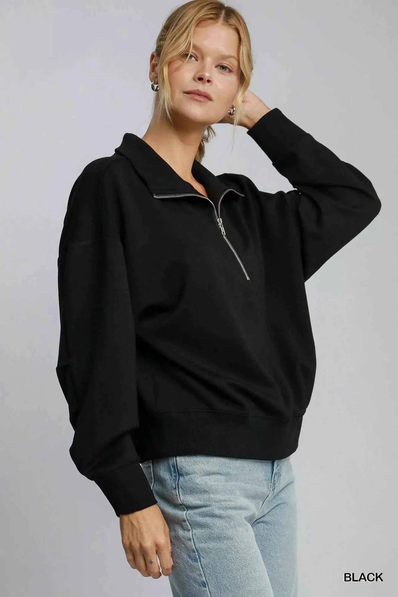 Umgee Half Zip Drop Shoulder Sweatshirt bda6cdc5-db8b-42b7-a3ab-235bb324b3cd-Max-Origin