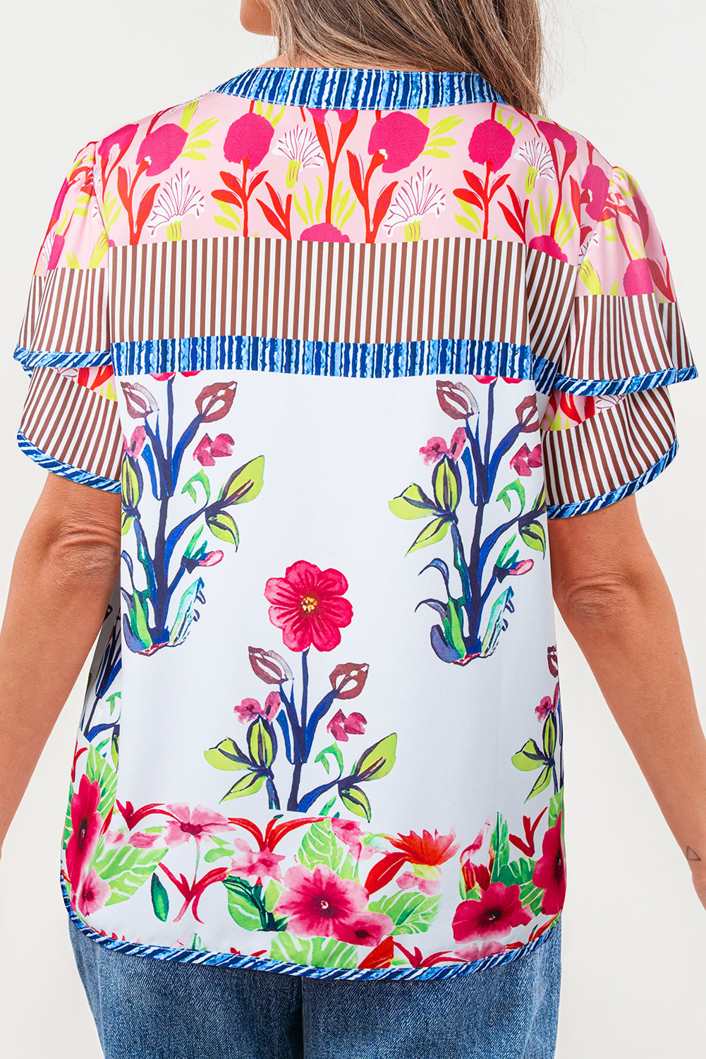 Pink Floral Striped Patchwork Short Sleeve Split Neck Blouse bda787666172a26b