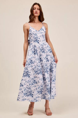 Floral V-Neck Woven Dress with Back Ribbon Tie - 100% Cotton BLUECOMBO bda99591-ac67-48dc-9b5d-89a7dd7ba7e2-Max-Origin