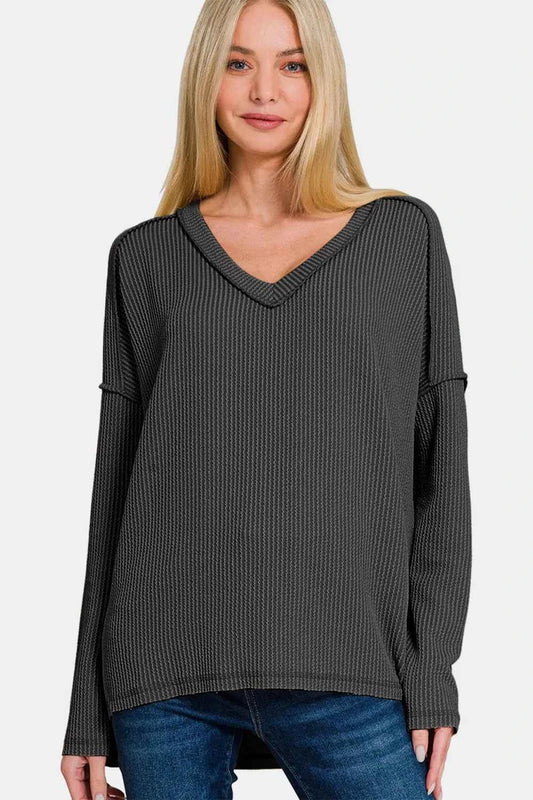 Texture Exposed Seam V-Neck Long Sleeve T-Shirt bda9e1f5-40b4-47d3-9537-895f4d799244-Max