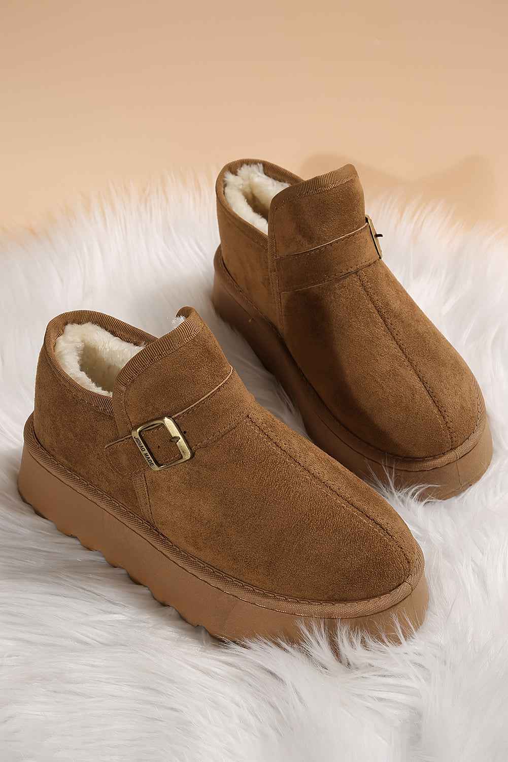 Coffee Buckle Detail Round Toe Platform Cozy Winter Boots bdabf225341f57b0