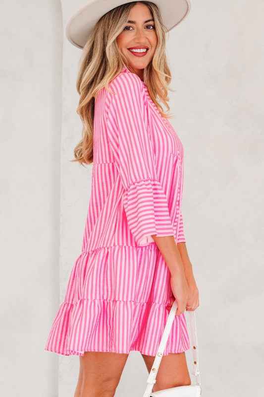 Stripe V-Neck Flare Sleeve Tiered Mini Dress bdad8f21-2eb0-420a-a9d6-80be50531eab