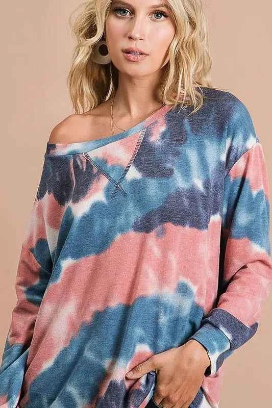 BiBi Tie Dye French Terry Pull Over with Front Stitching Detail bdadb5b41cab460fabfc899f13c6030b-Max-Origin