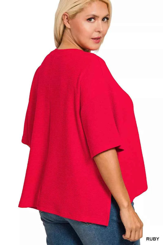 Full Size Double Knit Side Slits Hi Low Short Sleeve Top Plus Size bdae1500-a3cc-42bf-8fc3-3f613a727fa7-Max-Origin
